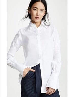 Victoria Beckham White Button-Front Shirt with Smocked Sleeves